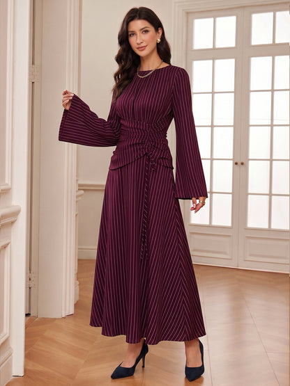 Vertical Striped Long Sleeve Smocked Waist Maxi Dress