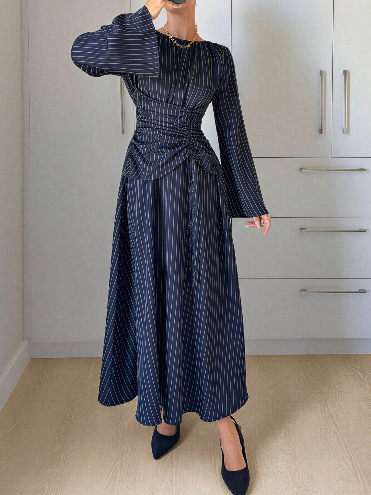 Vertical Striped Long Sleeve Smocked Waist Maxi Dress