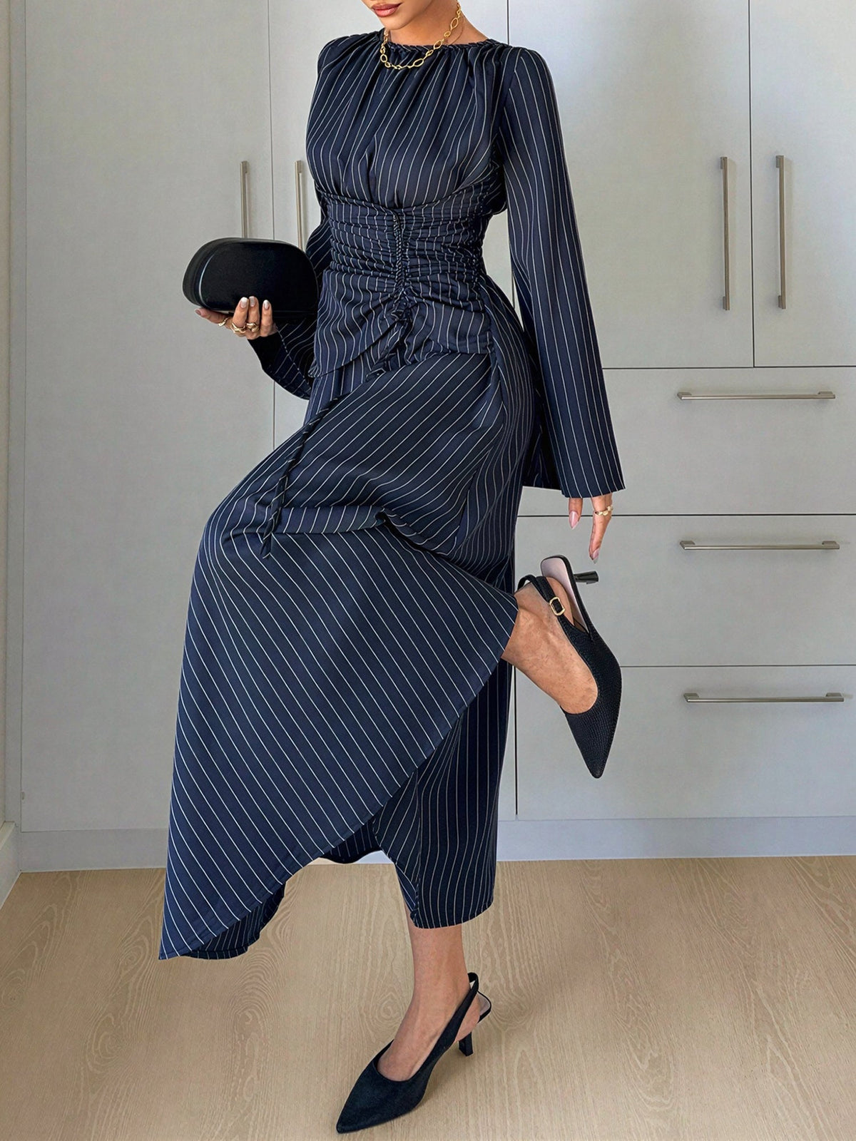 Vertical Striped Long Sleeve Smocked Waist Maxi Dress