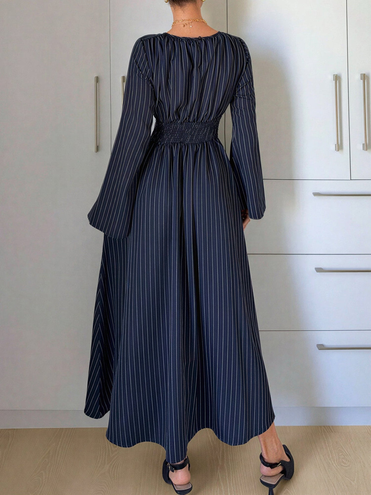 Vertical Striped Long Sleeve Smocked Waist Maxi Dress