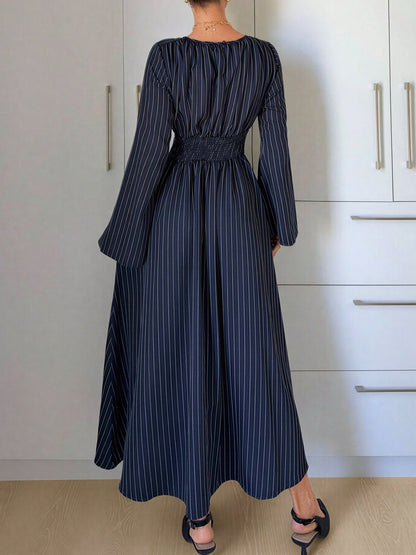 Vertical Striped Long Sleeve Smocked Waist Maxi Dress