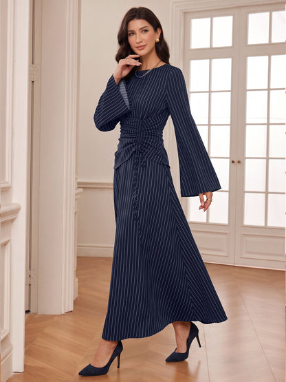 Vertical Striped Long Sleeve Smocked Waist Maxi Dress