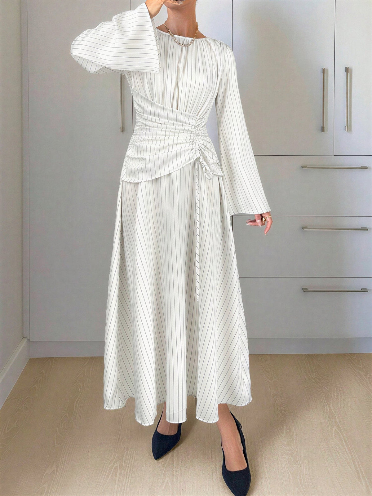 Vertical Striped Long Sleeve Smocked Waist Maxi Dress