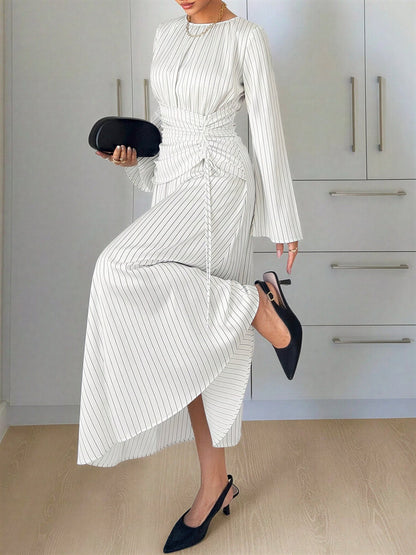 Vertical Striped Long Sleeve Smocked Waist Maxi Dress
