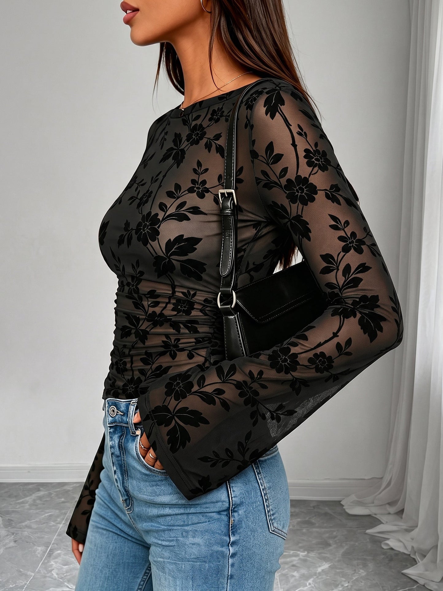 Boat Neck Floral Bell Sleeves Mesh Blouse