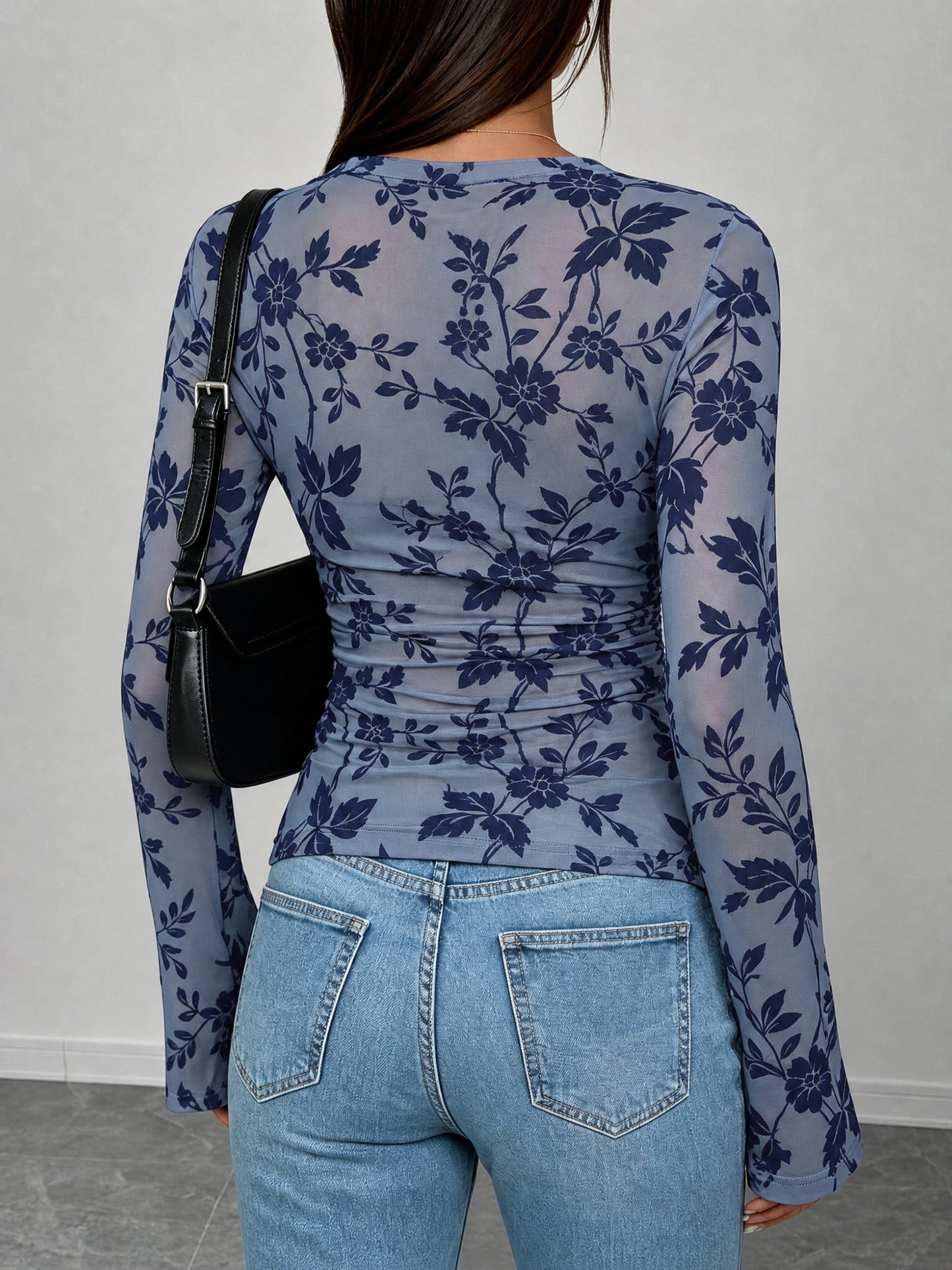 Boat Neck Floral Bell Sleeves Mesh Blouse