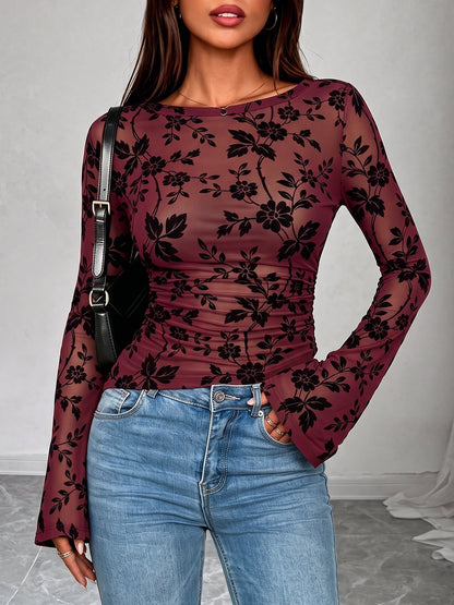 Boat Neck Floral Bell Sleeves Mesh Blouse