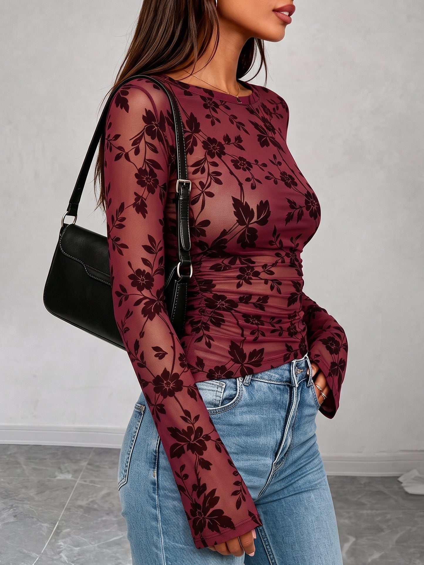 Boat Neck Floral Bell Sleeves Mesh Blouse
