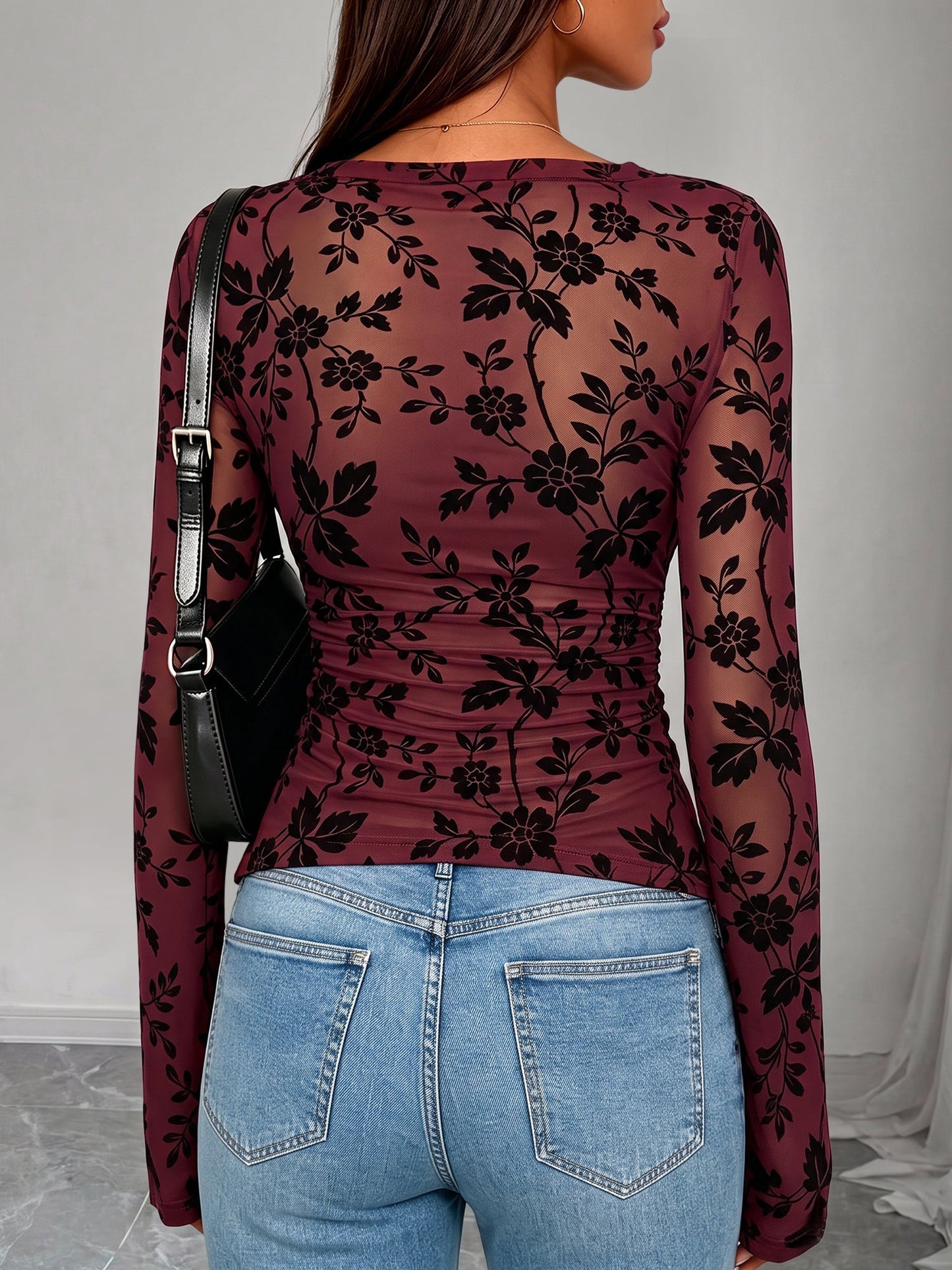 Boat Neck Floral Bell Sleeves Mesh Blouse