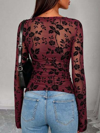 Boat Neck Floral Bell Sleeves Mesh Blouse