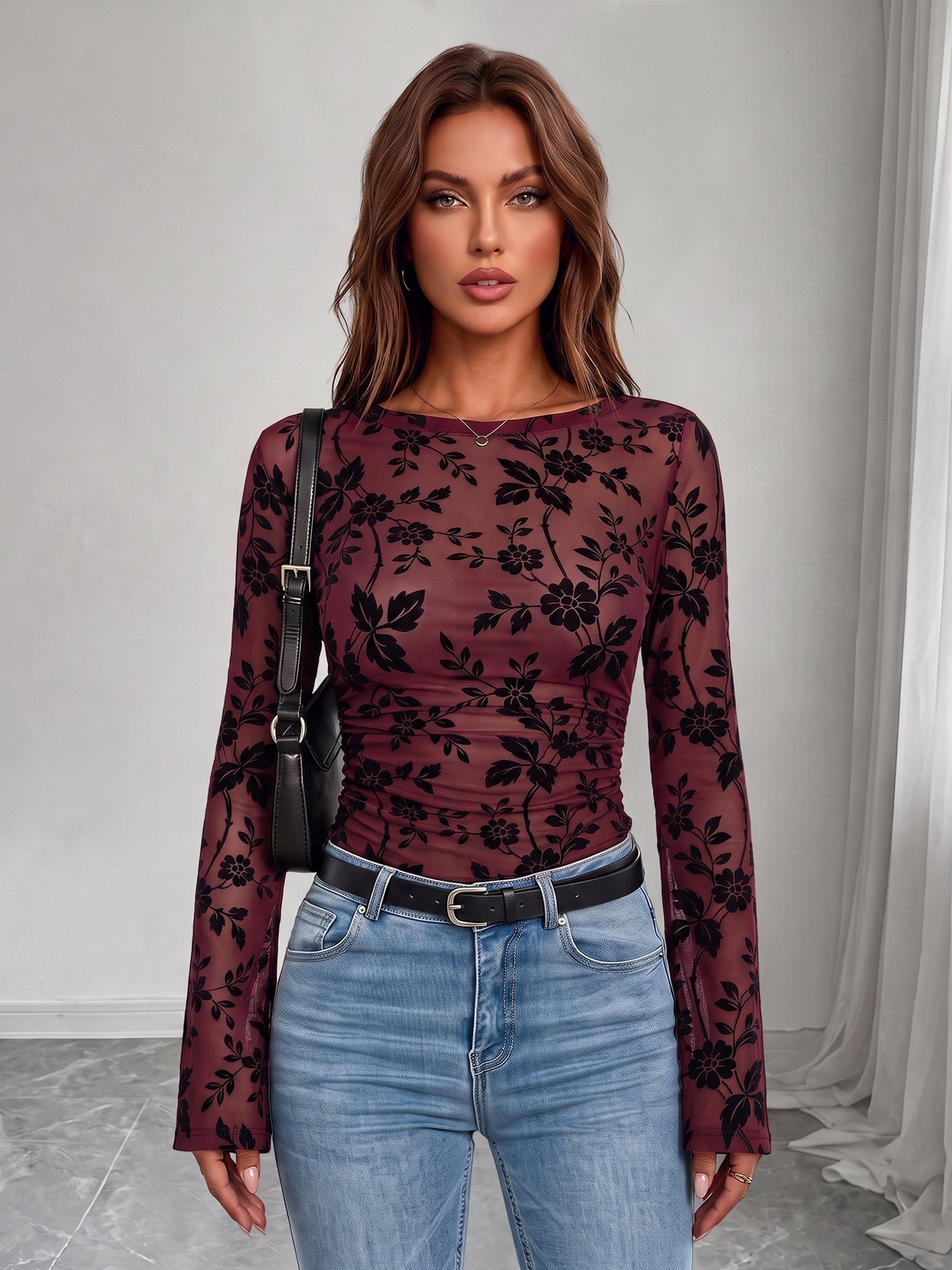 Boat Neck Floral Bell Sleeves Mesh Blouse