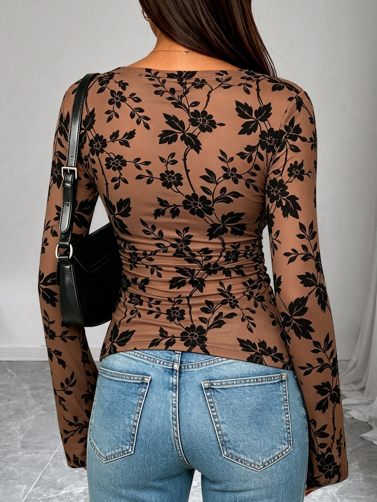 Boat Neck Floral Bell Sleeves Mesh Blouse