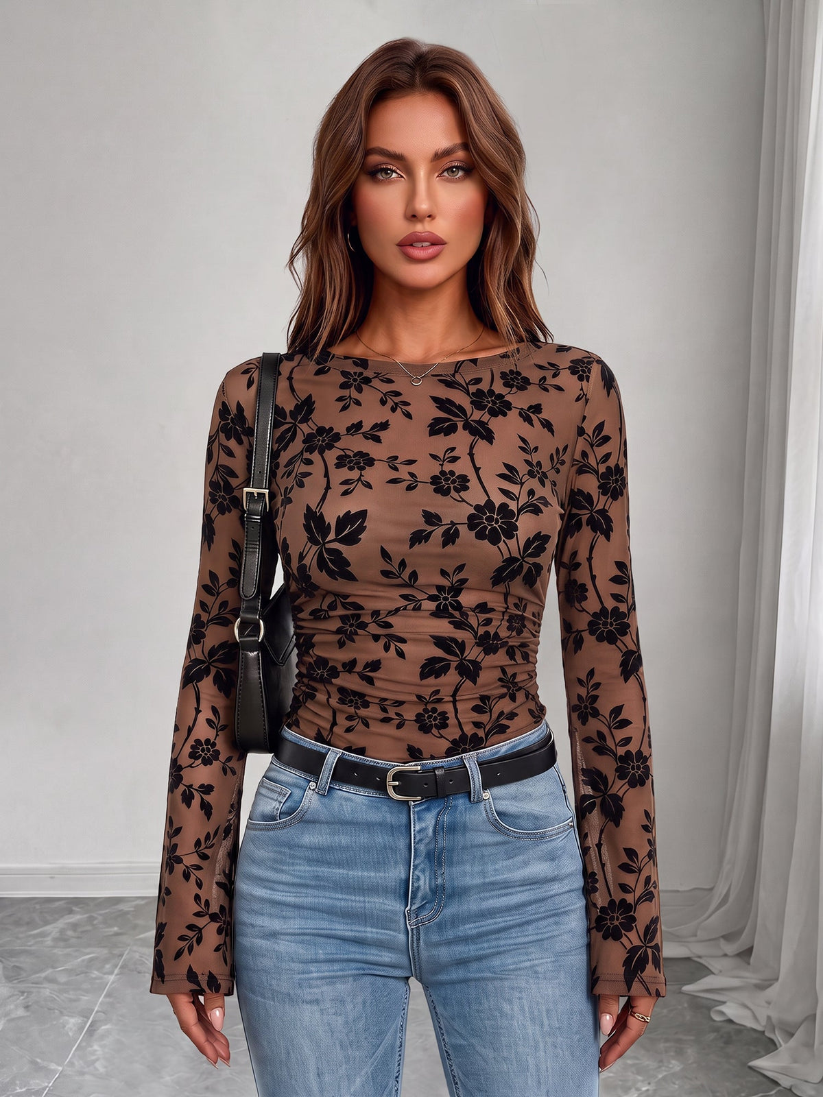 Boat Neck Floral Bell Sleeves Mesh Blouse