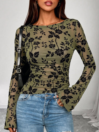 Boat Neck Floral Bell Sleeves Mesh Blouse