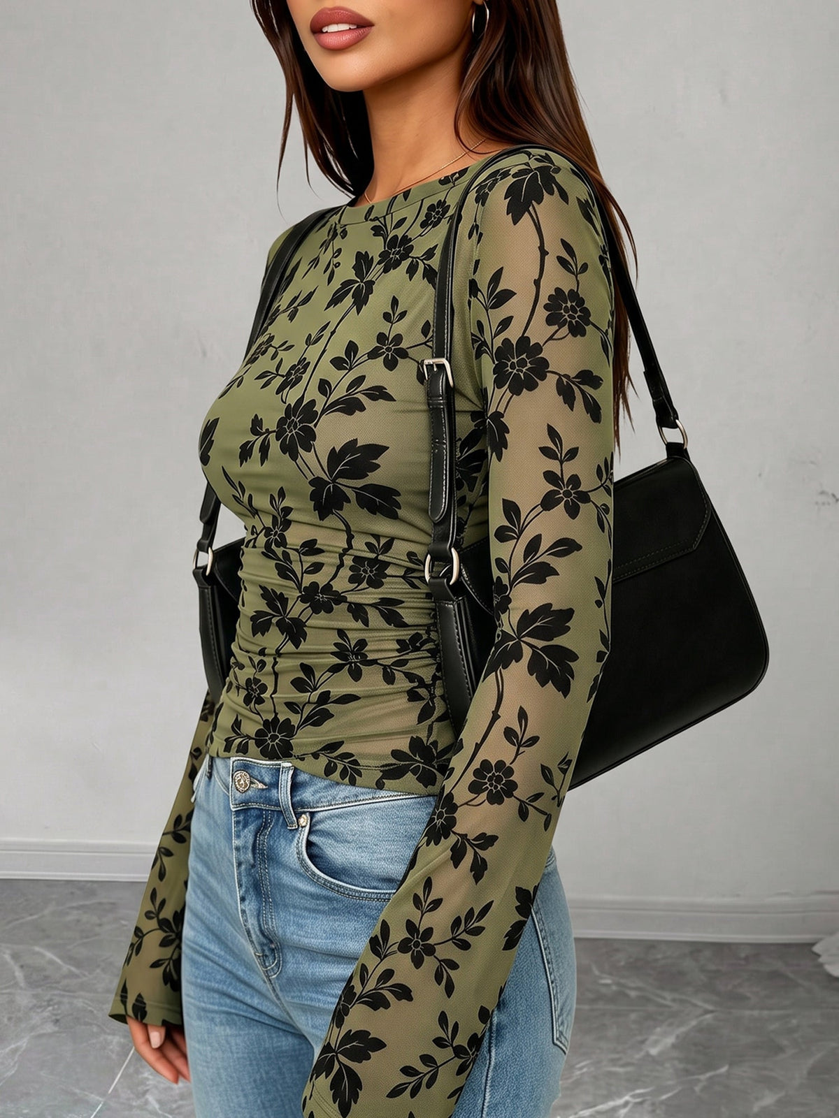 Boat Neck Floral Bell Sleeves Mesh Blouse
