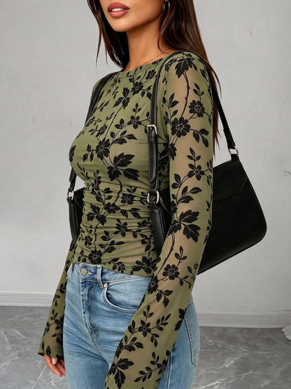 Boat Neck Floral Bell Sleeves Mesh Blouse
