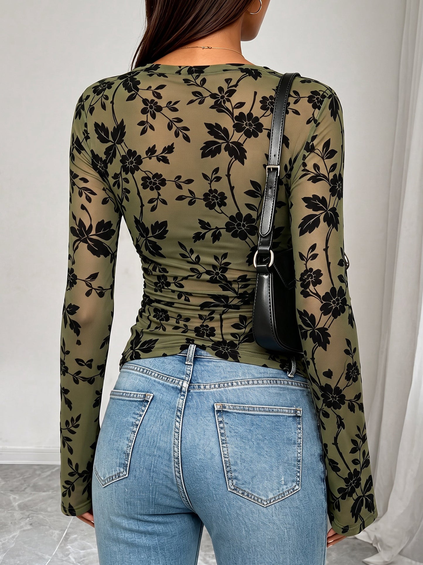 Boat Neck Floral Bell Sleeves Mesh Blouse