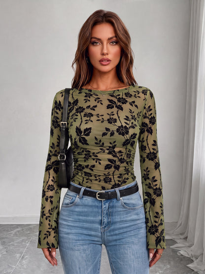 Boat Neck Floral Bell Sleeves Mesh Blouse
