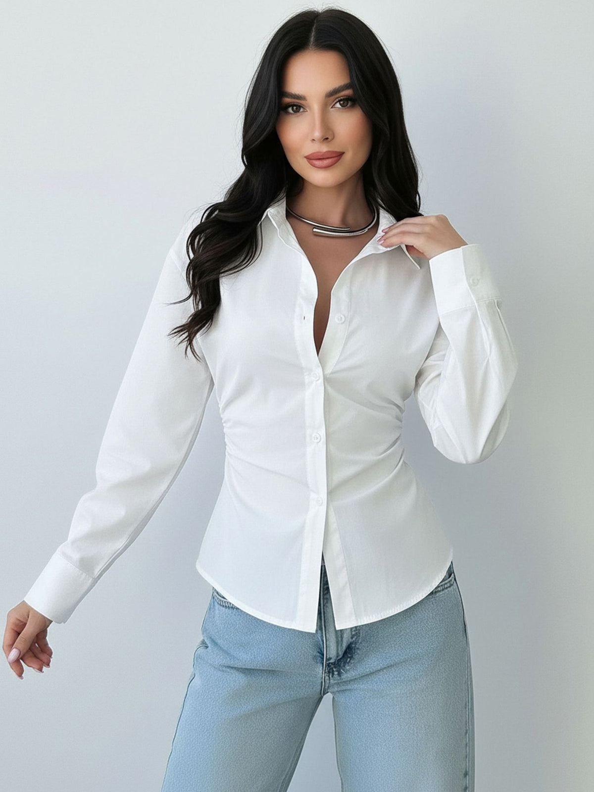 Office Siren Long Sleeve Cinched Waist Shirt