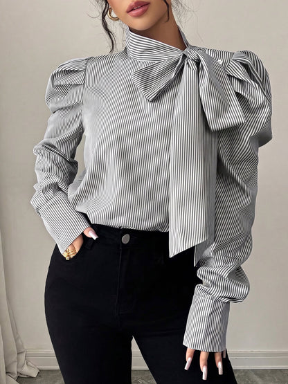 Vertical Striped Lace-Up Bow Collar Puff Sleeves Blouse