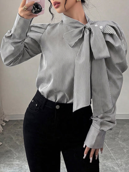 Vertical Striped Lace-Up Bow Collar Puff Sleeves Blouse