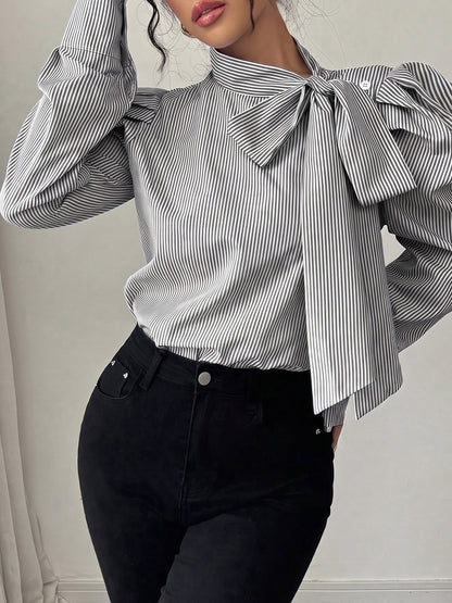 Vertical Striped Lace-Up Bow Collar Puff Sleeves Blouse