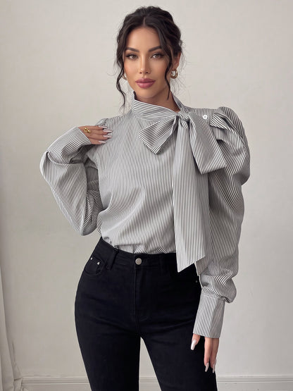 Vertical Striped Lace-Up Bow Collar Puff Sleeves Blouse