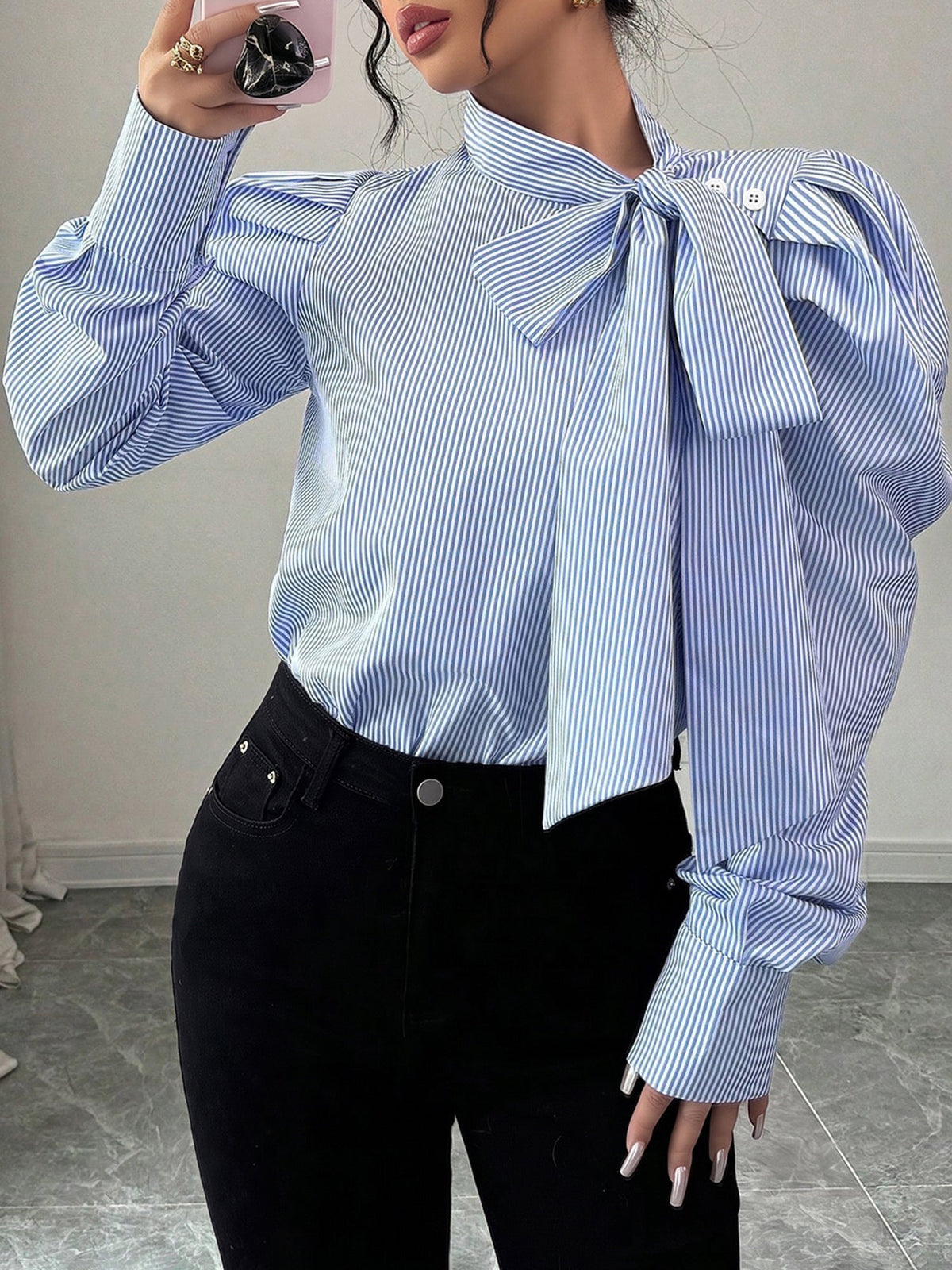 Vertical Striped Lace-Up Bow Collar Puff Sleeves Blouse