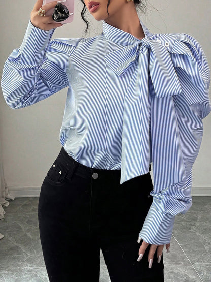 Vertical Striped Lace-Up Bow Collar Puff Sleeves Blouse