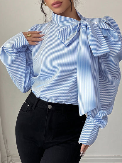 Vertical Striped Lace-Up Bow Collar Puff Sleeves Blouse