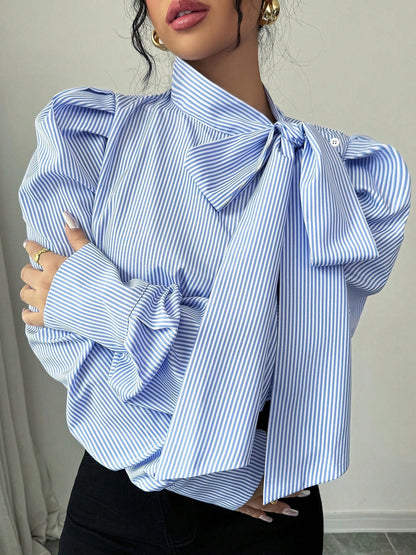 Vertical Striped Lace-Up Bow Collar Puff Sleeves Blouse