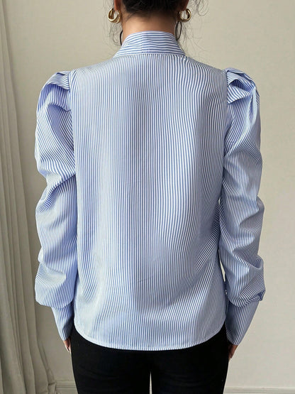 Vertical Striped Lace-Up Bow Collar Puff Sleeves Blouse