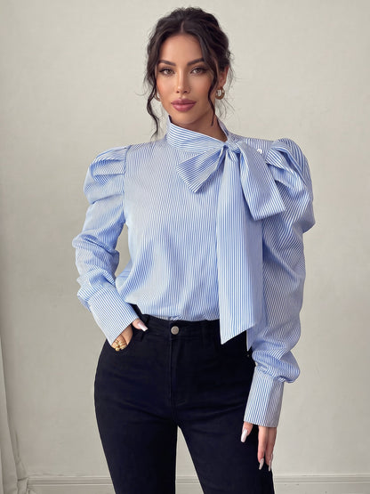 Vertical Striped Lace-Up Bow Collar Puff Sleeves Blouse