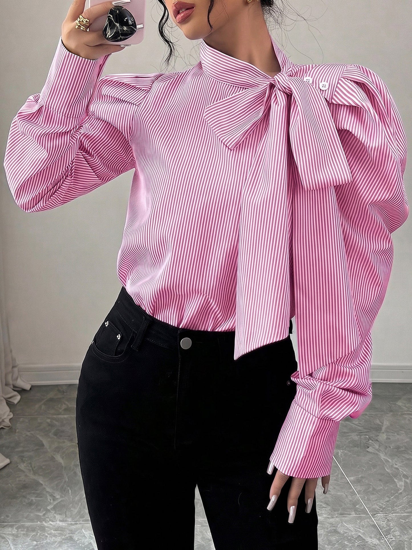 Vertical Striped Lace-Up Bow Collar Puff Sleeves Blouse