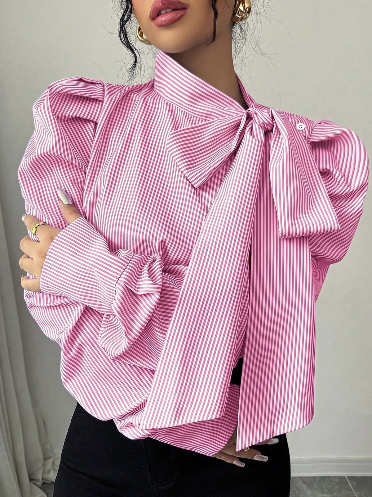 Vertical Striped Lace-Up Bow Collar Puff Sleeves Blouse