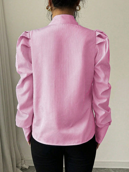 Vertical Striped Lace-Up Bow Collar Puff Sleeves Blouse