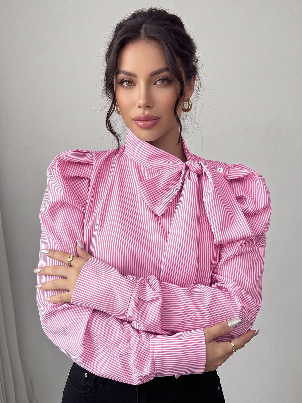 Vertical Striped Lace-Up Bow Collar Puff Sleeves Blouse