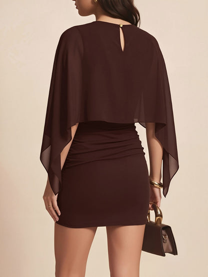 Cape Sleeves Ruched Bodycon Mini Dress