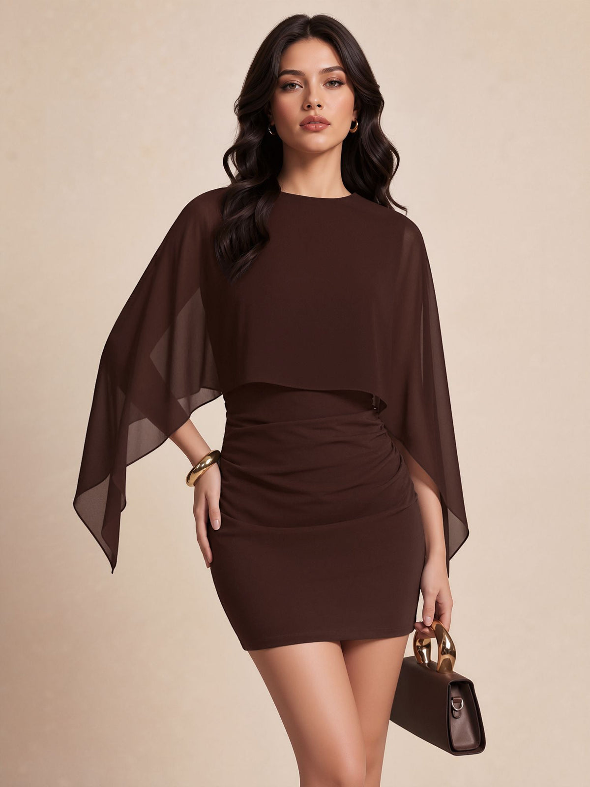 Cape Sleeves Ruched Bodycon Mini Dress