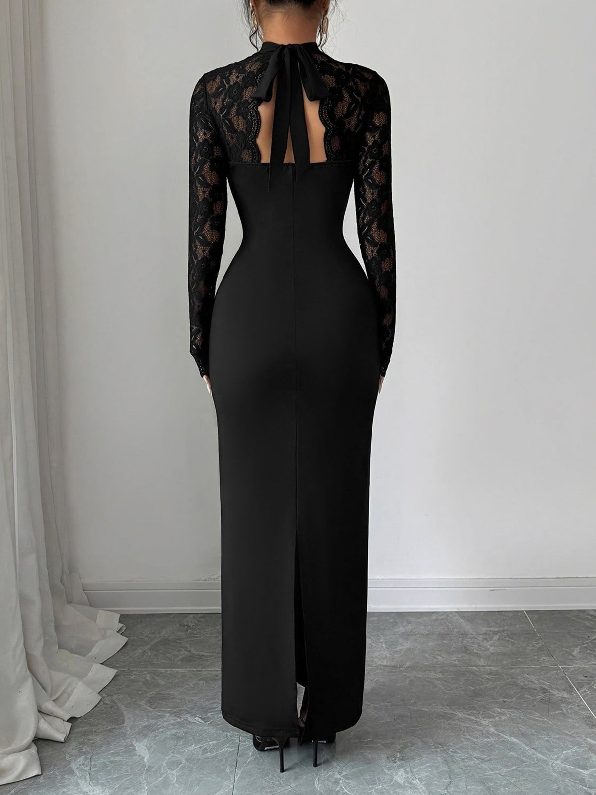 Mock Neck Keyhole Lace Bodycon Slit Dress