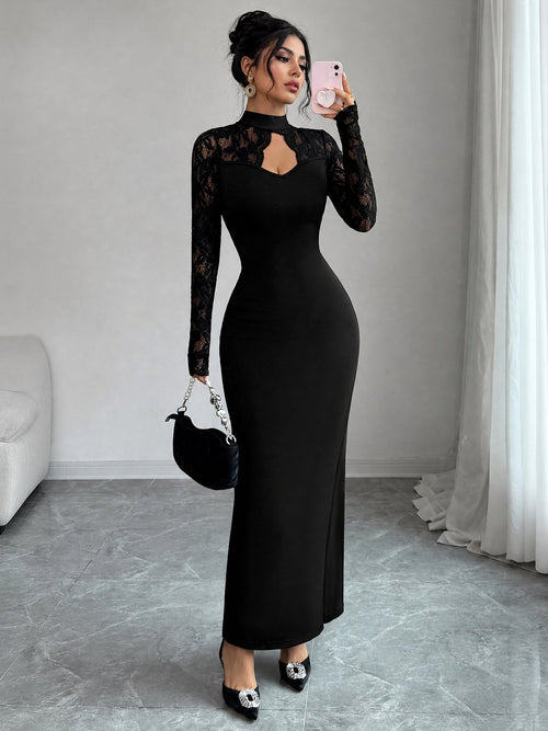 Mock Neck Keyhole Lace Bodycon Slit Dress