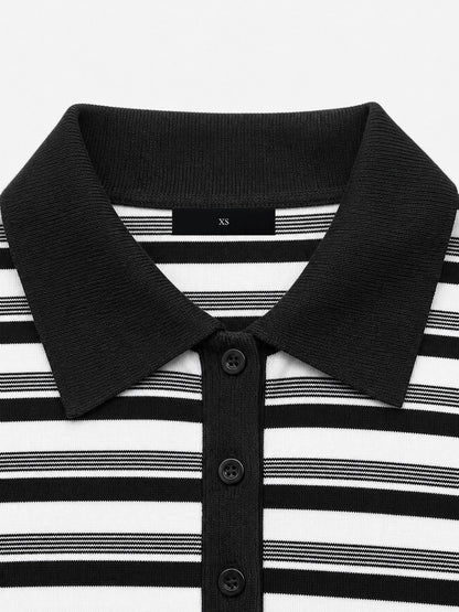 Striped Colorblock Polo Collar Bodycon Knit Dress