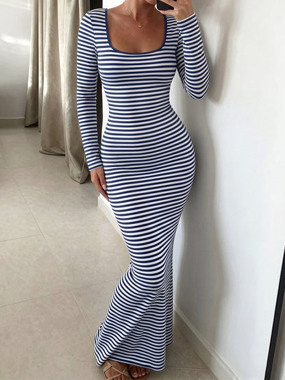 Square Neck Striped Long Sleeves Bodycon Maxi Dress