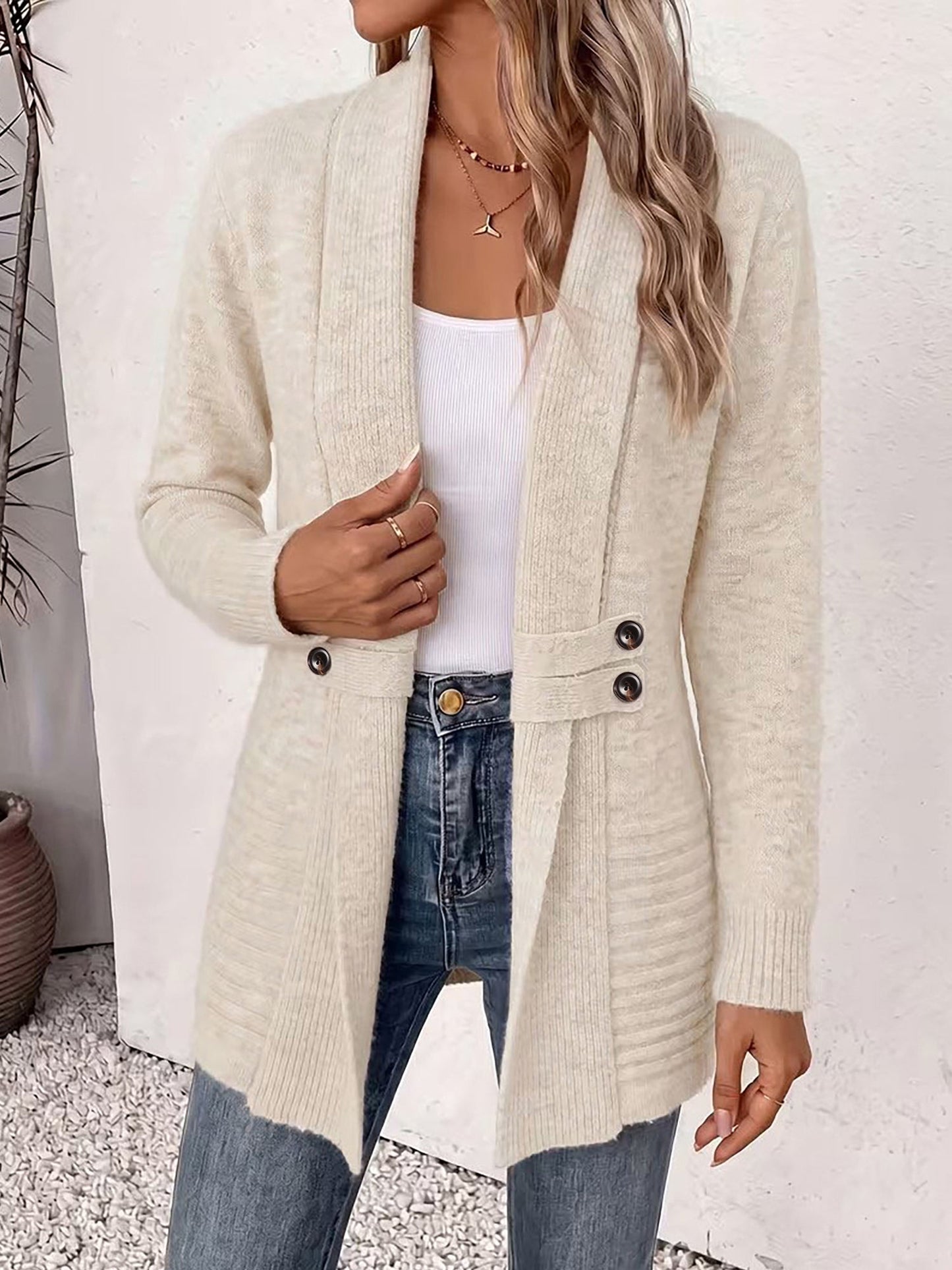 Solid Color Knitted Open Front Mid-Length Cardigan