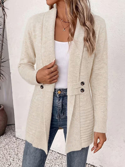 Solid Color Knitted Open Front Mid-Length Cardigan