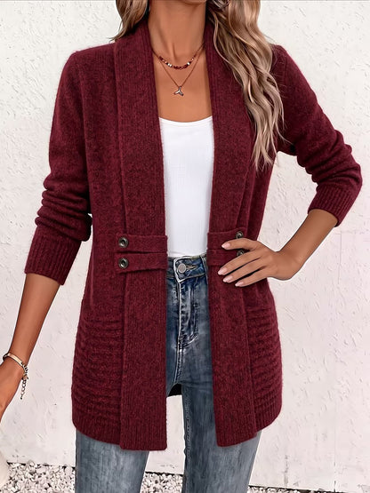 Solid Color Knitted Open Front Mid-Length Cardigan