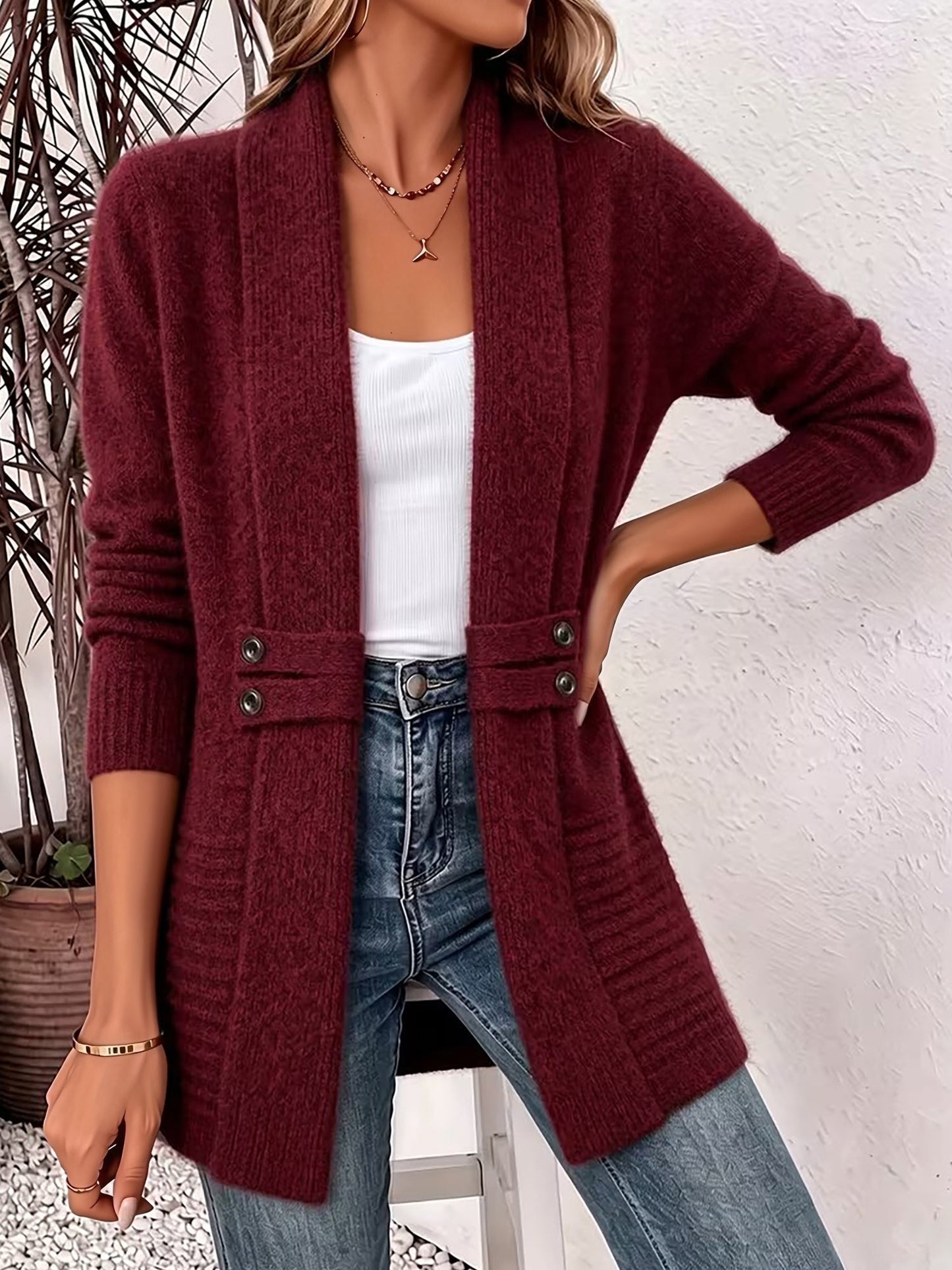Solid Color Knitted Open Front Mid-Length Cardigan