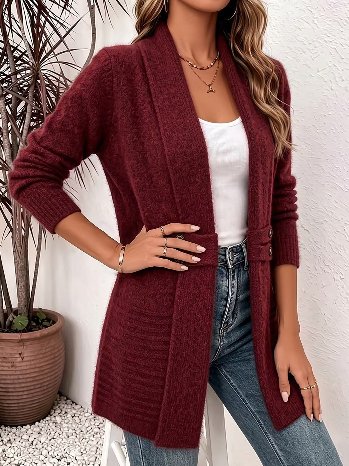 Solid Color Knitted Open Front Mid-Length Cardigan