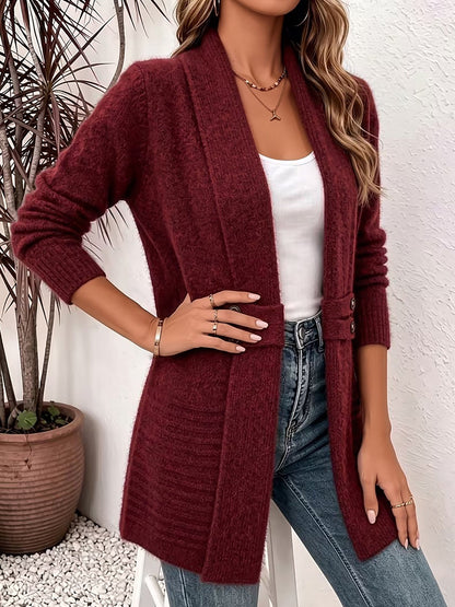 Solid Color Knitted Open Front Mid-Length Cardigan