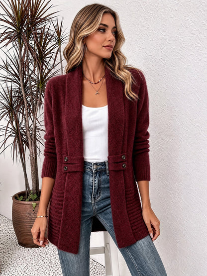 Solid Color Knitted Open Front Mid-Length Cardigan